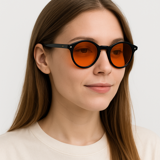 Retro Round Blue Blocking Glasses - Black